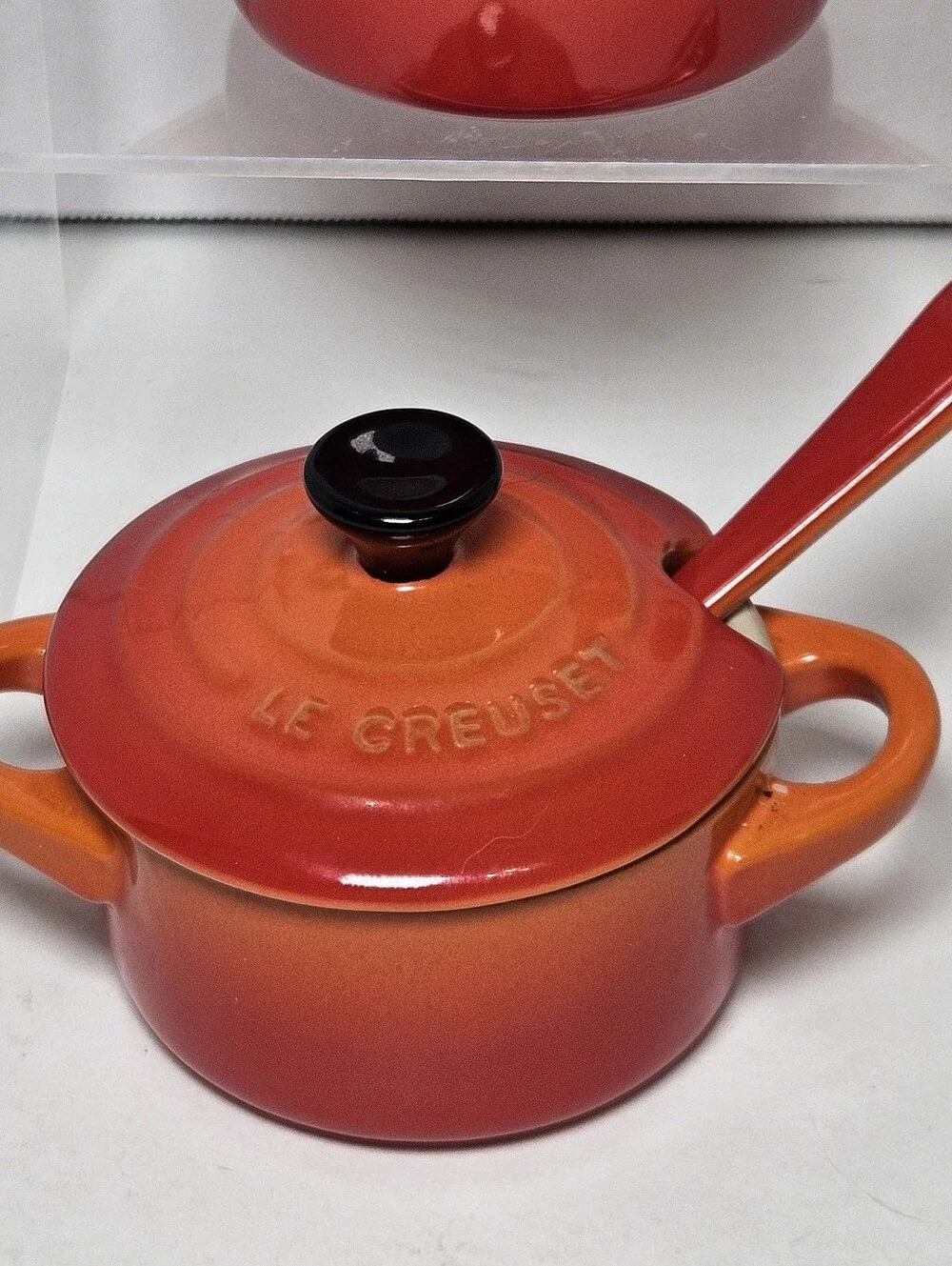 Le Creuset Mini Cocotte Set of 2 Flame Volcanic Orange Red w 2 Spoons 1 Lid